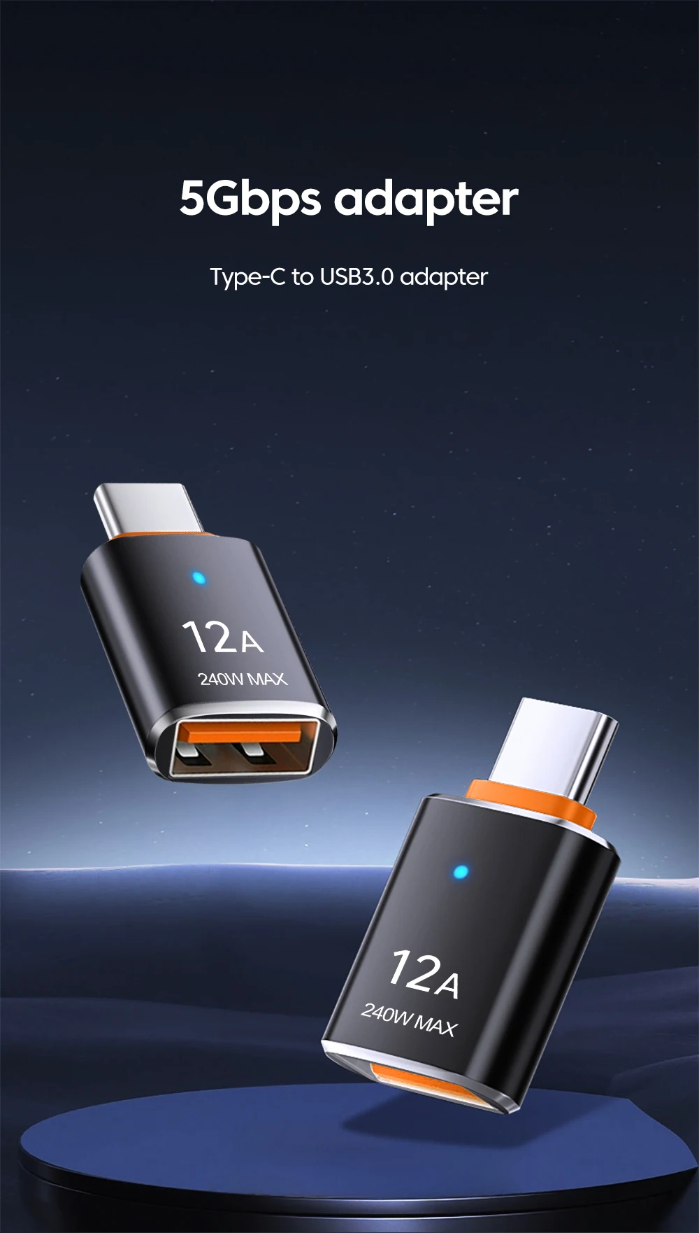 12A USB 3.0 To Type C Adapter LED OTG USB C Male to USB A Female Connector For iPhone 15 Tablet Notebook Android Phones Adapter
