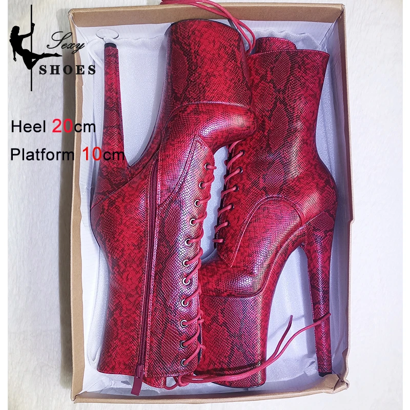 Super High Heel 20cm/8Inch Women Ankle Boots Snake Pattern Sexy Platform Strappy T-show Model Shoes Large Size Stripper Heels