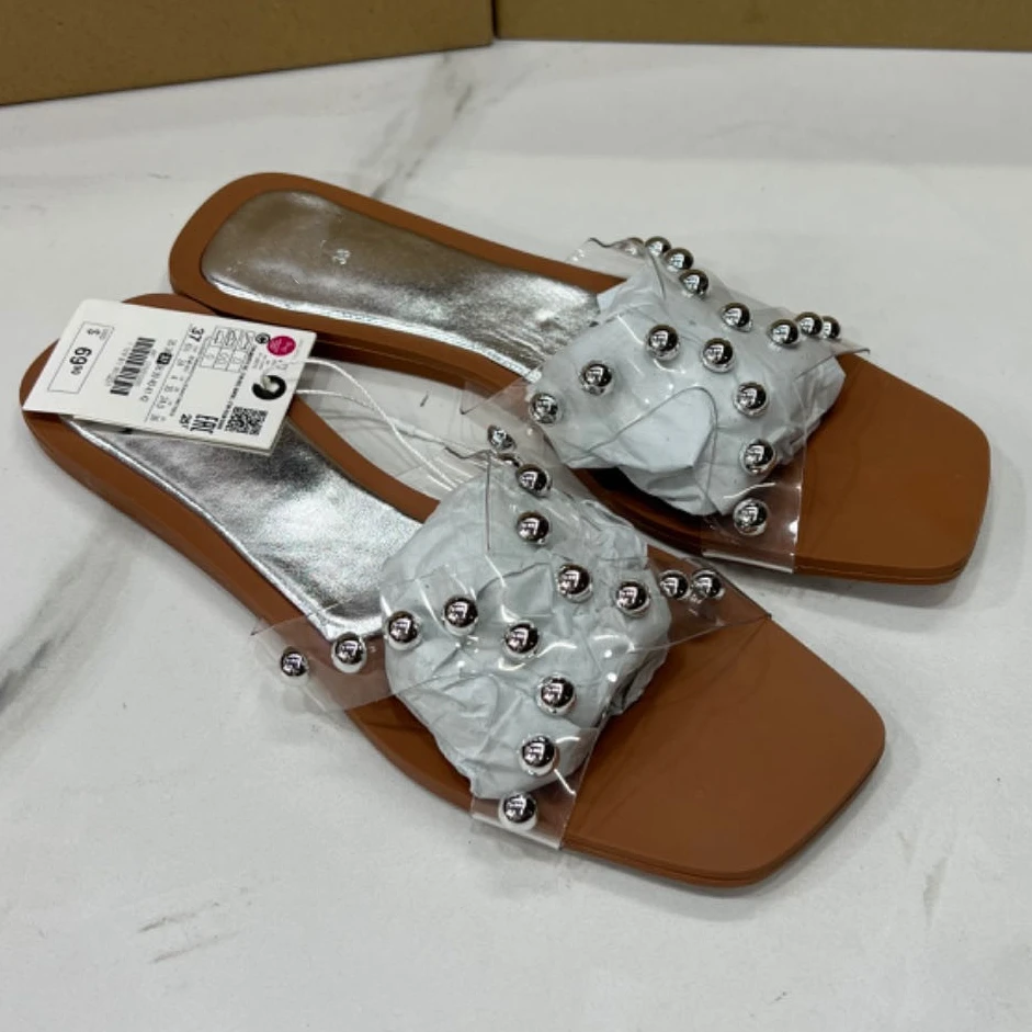 Transparent Flat Sandals for Women Fashion Rivet Design Female Footwear 2024 Summer Breathable Cross Square Toe Ladies Shoes