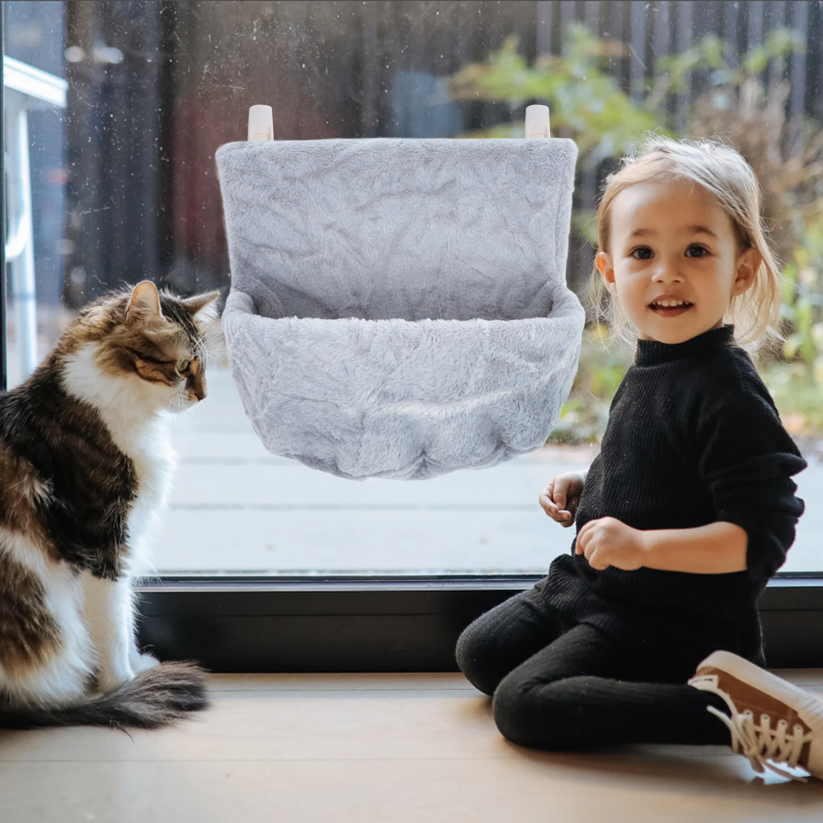 Hamaca colgante desmontable para gatos, cama plegable con ventana gris, percha cálida y cómoda para interiores, fácil de limpiar, ahorro de espacio