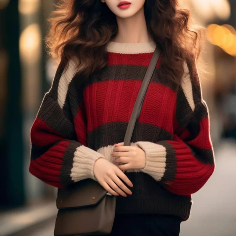 Stricken frauen Pullover Koreanische Winter Kleidung Mode Lose Herbst Freizeit Jumper Streifen Lange Ärmel Frauen Pullover
