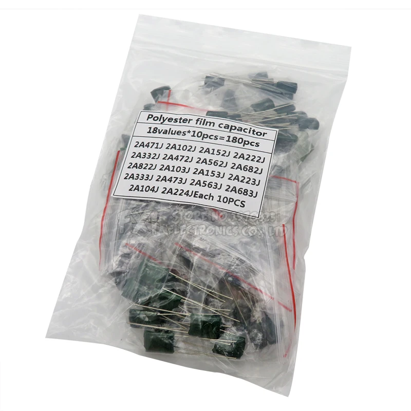 

180PCS=18value*10PCS Polyester film capacitor Assorted Kit contains 2A104J 2A332J 2A472J 2A103J 2A333J 2A473J 2A563J 2A223J