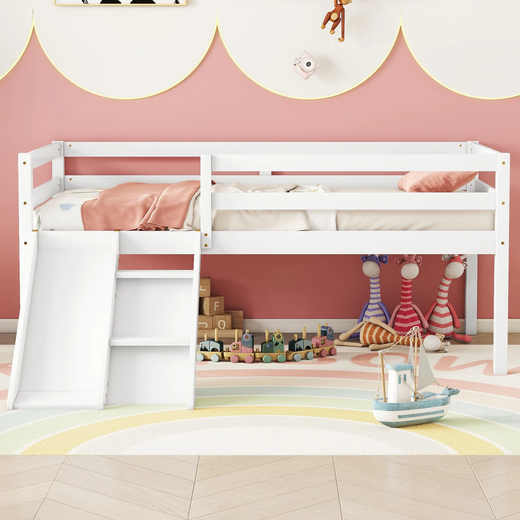 Twin Low Loft Bed with Slide, Ladder, Safety Guardrails, No Box Spring Needed, White  79.50x67.60x31.50 in. image 2