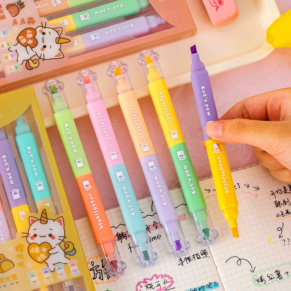 4pcs Cat PAW สี Highlighter MARKER ปากกาชุดการ์ตูน Kitties Dual-Side Writing Brush TIP สําหรับวาดภาพวาด F7716