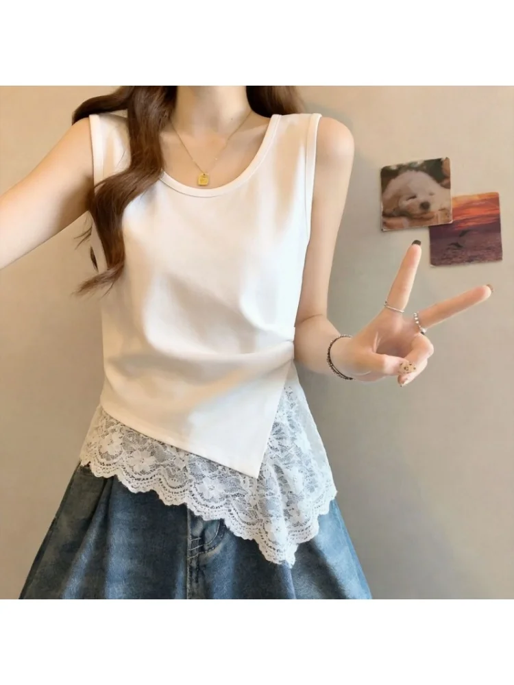 Lace Crop Top Women's Summer Sleeveless Cotton 95% Elastic Fiber Inner Wear Outer Wear Base Shirt plus Size Fashionable