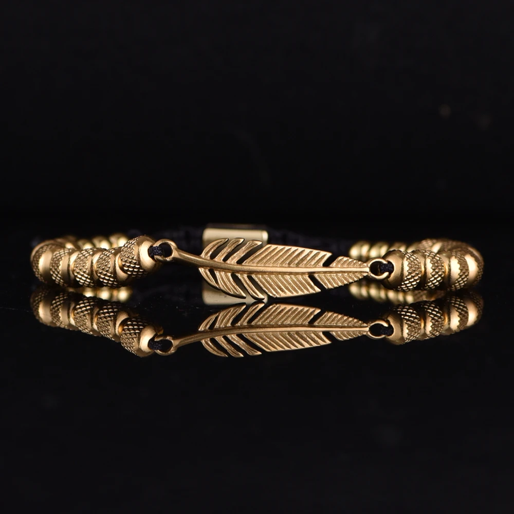 Hot Sale Trend Feather Shape Accessories Handmade Men\'s Beads Bracelet Stainless Steel Bracelet For Special Birthday Present