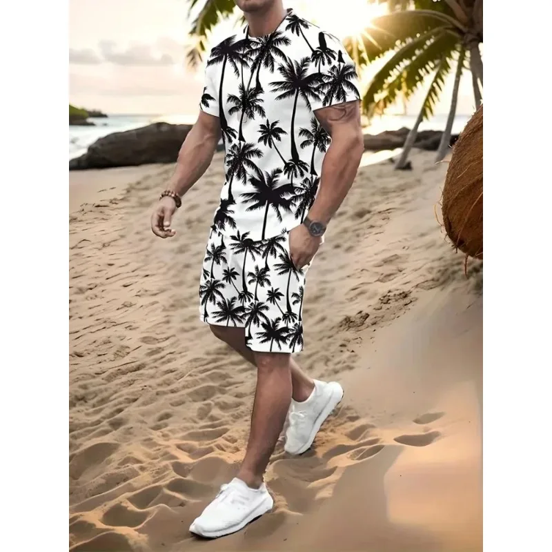 2025 Hawaii Coconut 3D Printed Fashion Round Neck Men's Daily Set Casual Short Sleeve Shorts Harajuku Street Fashion Set