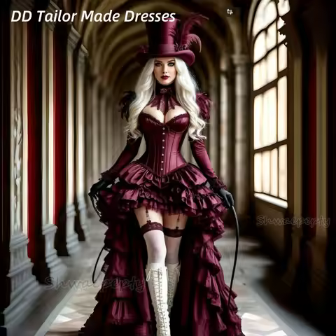 Medieval Steampunk Corset Prom Dress Ruffles Tiered High Low Evening Dresses Vintage Victorian Masquerade costume Customized