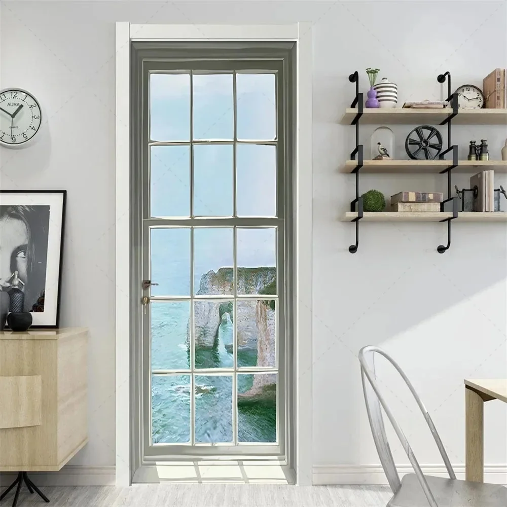 Imitation Glass View scenery Door Sticker Self Adhesive Eco Pvc Seaside Landscape Mural Door Wrap Cover Decals Peel and stick