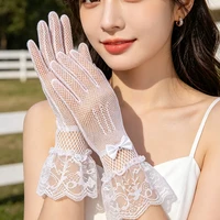 Thin Mesh Lace Full Finger Gloves for Brides' Wedding Etiquette, High Elasticity Bow, Bright Diamond Flower Wedding Hollow Glove