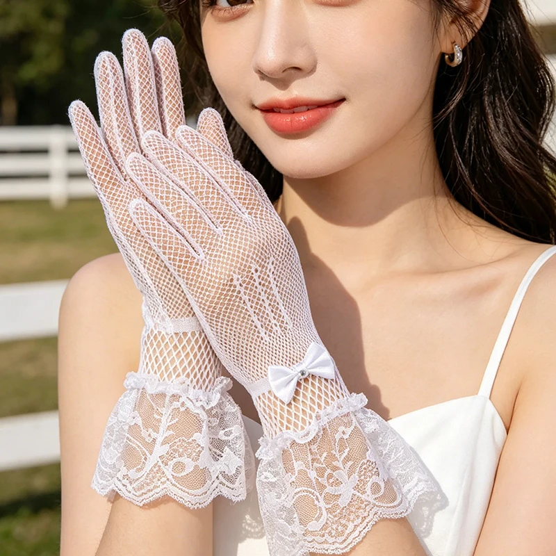 Thin Mesh Lace Full Finger Gloves for Brides' Wedding Etiquette, High Elasticity Bow, Bright Diamond Flower Wedding Hollow Glove