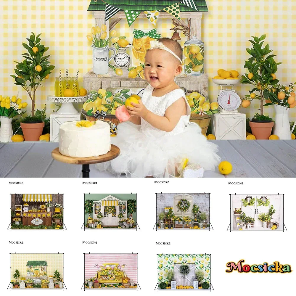 

Yellow Lemon Fruit Theme Birthday Cake Smash Backdrop Photography Shop Style Decoration Background Girls Newborn Studio Photo