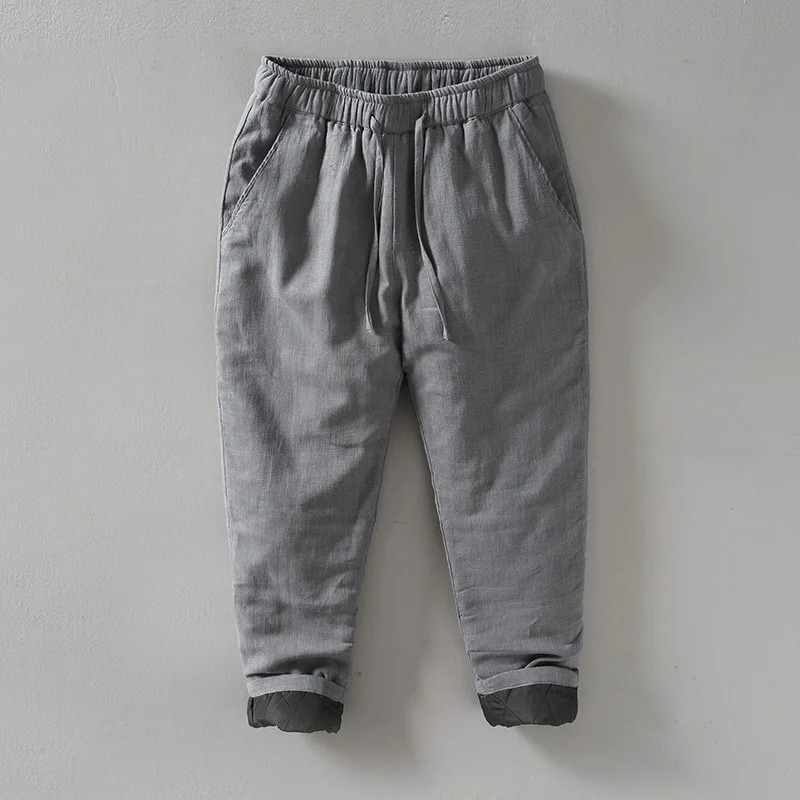 

Thiened прямые хлопковые брюки мужские ретро свободные повседневные длинные брюки с эластичной резинкой на талии теплые льняные хлопковые джинсы