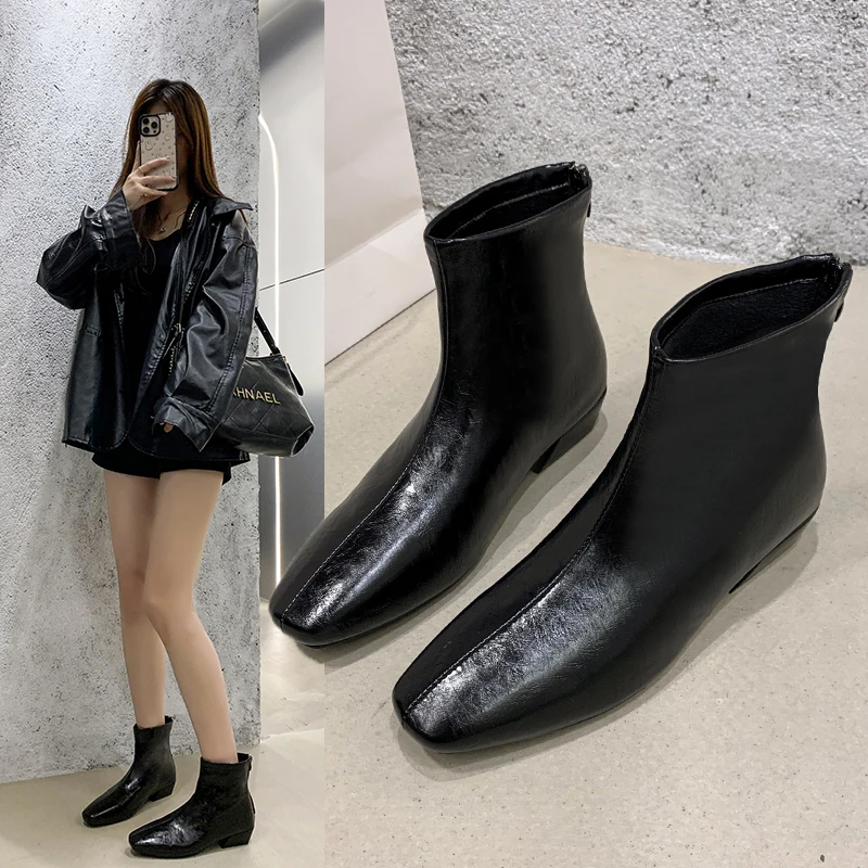 

2025 New Pointed Toe Women Ankle Boots Fashion Thick Heel Short Boots Autumn Winter Soft Leather Female Shoes Женские Ботинки