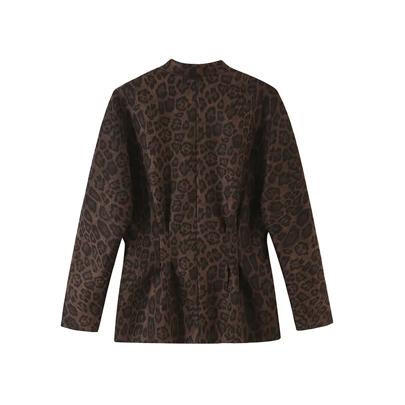 Nlzgmsj 2026 Autumn Elegant Women Leopard Print Blazer V Neck Long Sleeve Single Breasted Pleated Waist Slim Fit Vintage Jacket