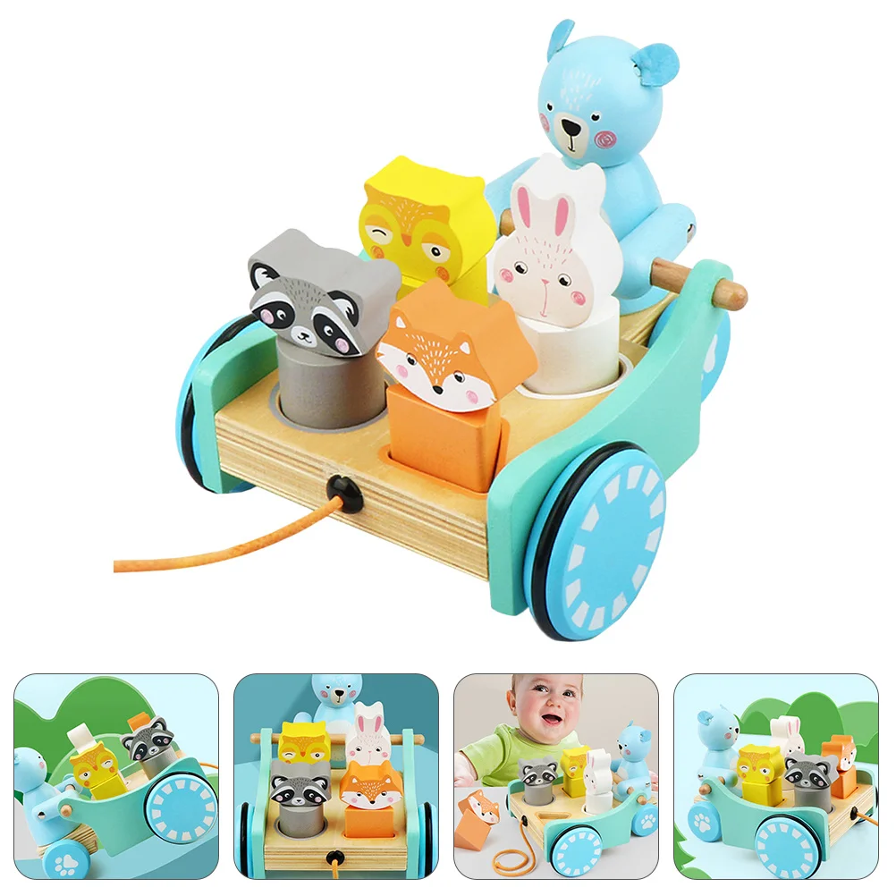 1 conjunto crianças veículo de reboque de madeira carrinho educacional bebê walker aprendizagem precoce dos desenhos animados desenvolvimento cognitivo brinquedo