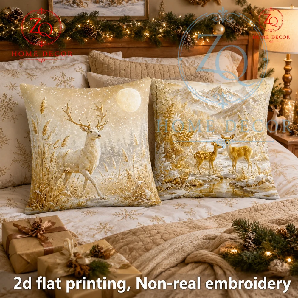 Vintage Winter Wonderland Deer Throw Pillow Cover Neutral Gold Beige Christmas Rustic Farmhouse Cushion Case for Sofa Couch Bed