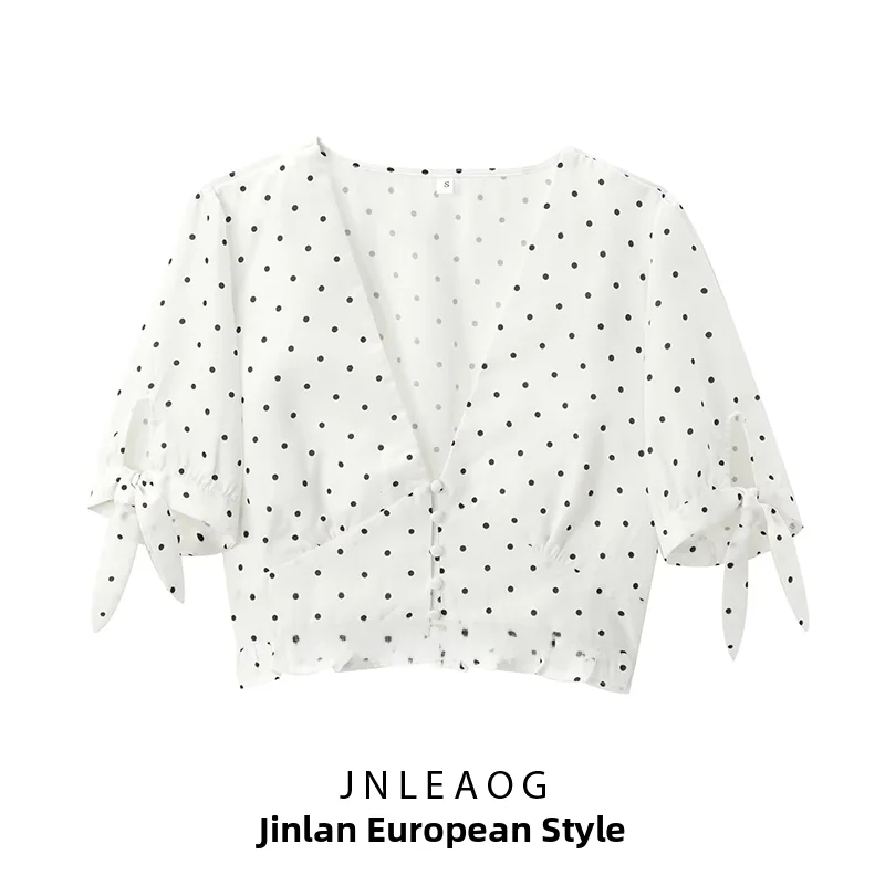 

JNLEAOG Summer New Women's Fashionable Polka Dot Versatile Short Top Polyester Fiber Seven Sleeve Women's Shirt Polyester