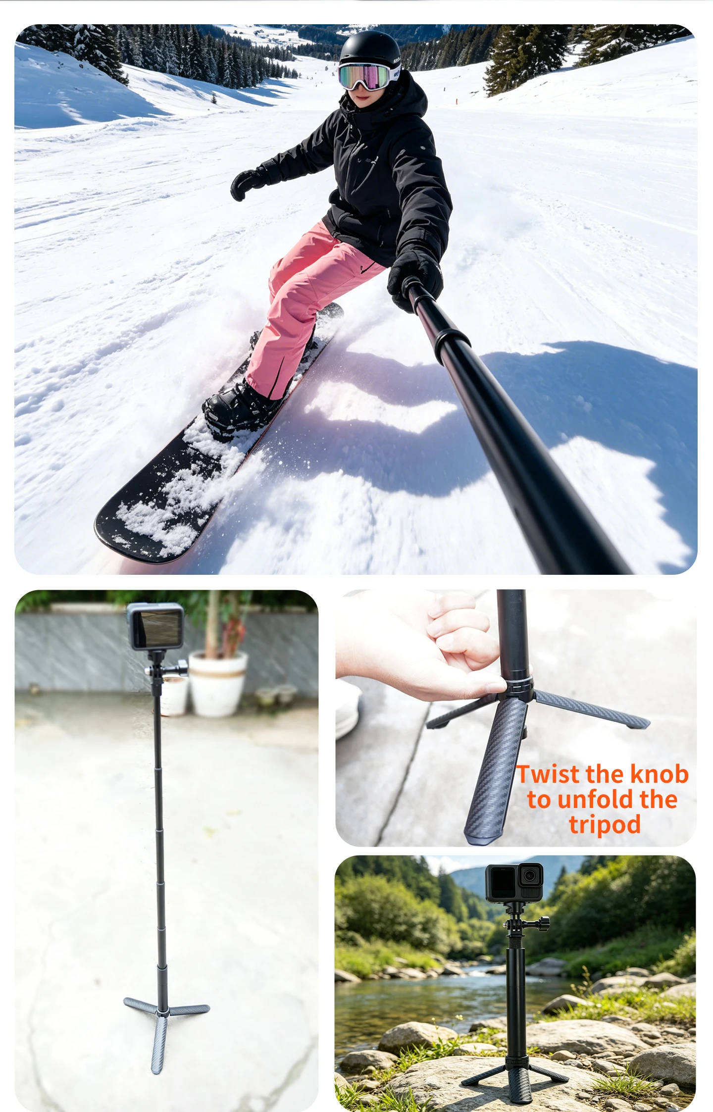 6-teiliger ausziehbarer 0,7m unsichtbarer Selfie-Stick, Panorama-Kamera-Aluminium-Monopod für Insta360 X6 X5 GoPro Max DJI Osmo 360 II – Detail 3