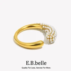 E.B.belle New Trend Asymetric Two Sides Waterdrop Snake Shape Pearl Rings For Women Ladies Fashion Stainless Steel Jewelry