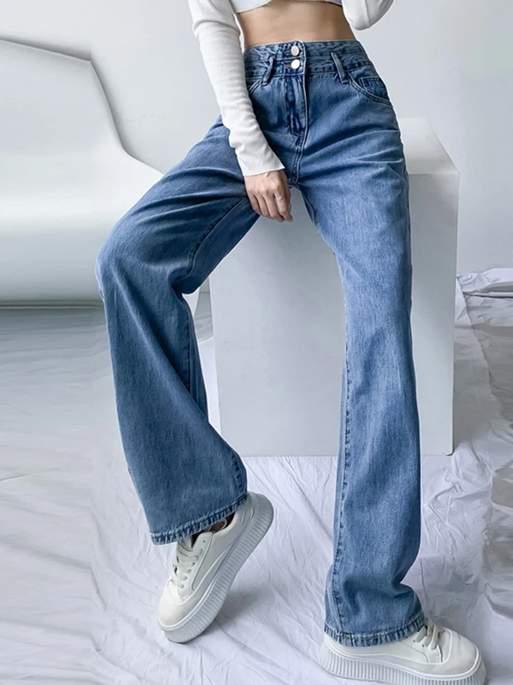 Women Double Buckle Baggy Straight Jeans Korean High Waist Vintage Casual Loose Wide Leg Denim Pants Streetwear Solid Vaqueros