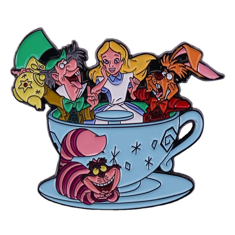 Disney Movie Alice in Wonderland Cup Enamel Pin Metal Brooch Lapel Badges for Fans Collection Accessories Gifts