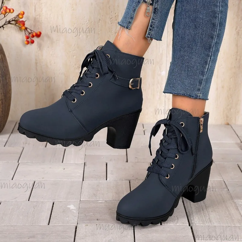 Plus Size 36-43 Women's Ankle Boots Autumn Winter Chunky High Heel Short Boots Round Toe Lace Up Booties Botines Para Mujeres