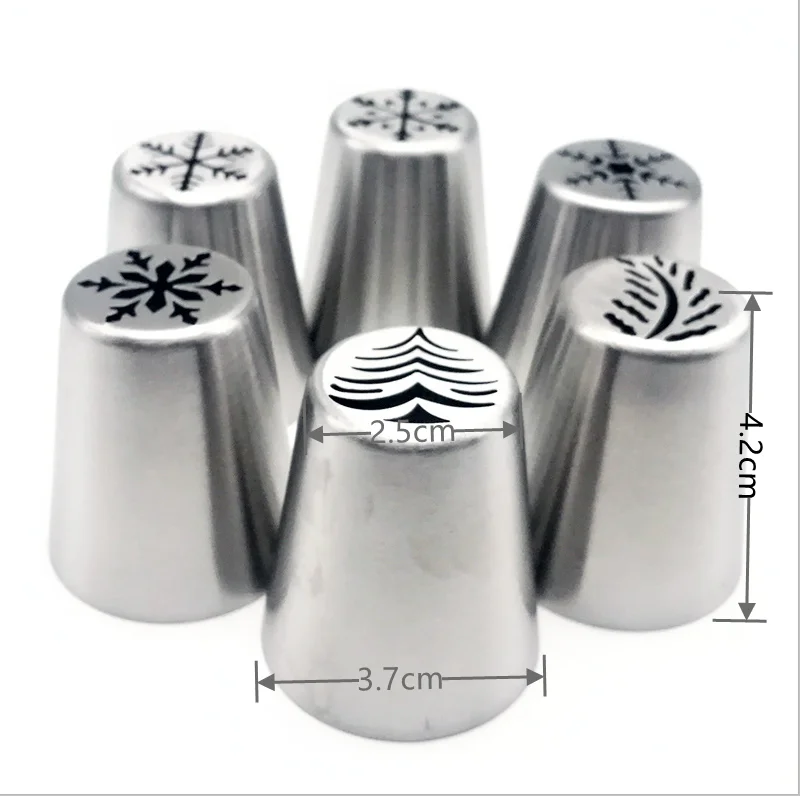 6pcs Icing Piping Tips Christmas Tree Snowflake Russian Leaf Nozzle Bakeware Cupcake Cake Decorating Pastry Baking Tools K082