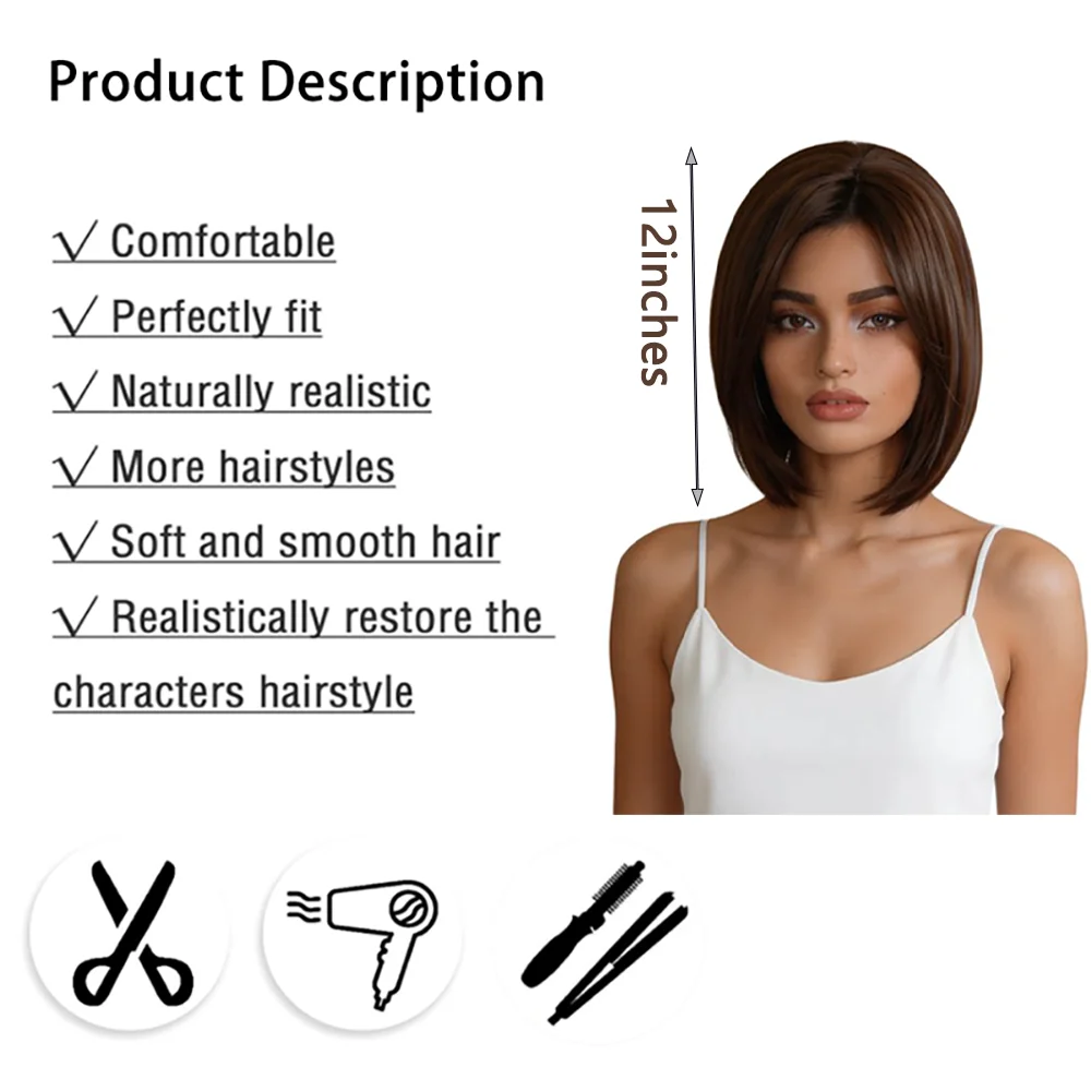 Short Straight Bob Wig Medium Brown Side Bangs Heat Resistant Synthetic Wigs For Women Natural Looking Daily Party Cosplay Use
