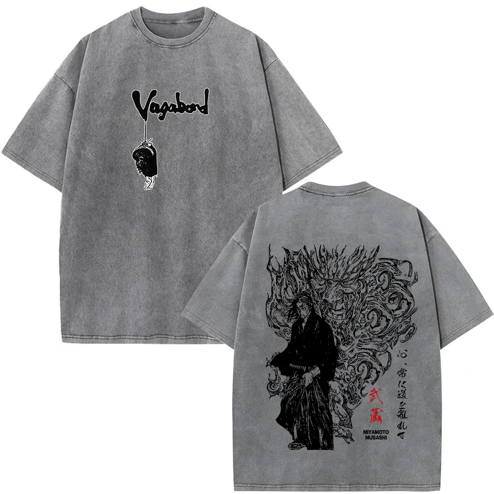 Anime Vagabond Miyamoto Musashi Cool Graphic Washed T Shirt Men Vintage Cotton T-shirts Harajuku Short Sleeve Oversized T-shirt