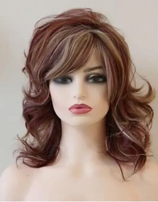 Woman Long 14 Inches Layered Wavy Mixed Red Synthetic Hair Capless Wigs