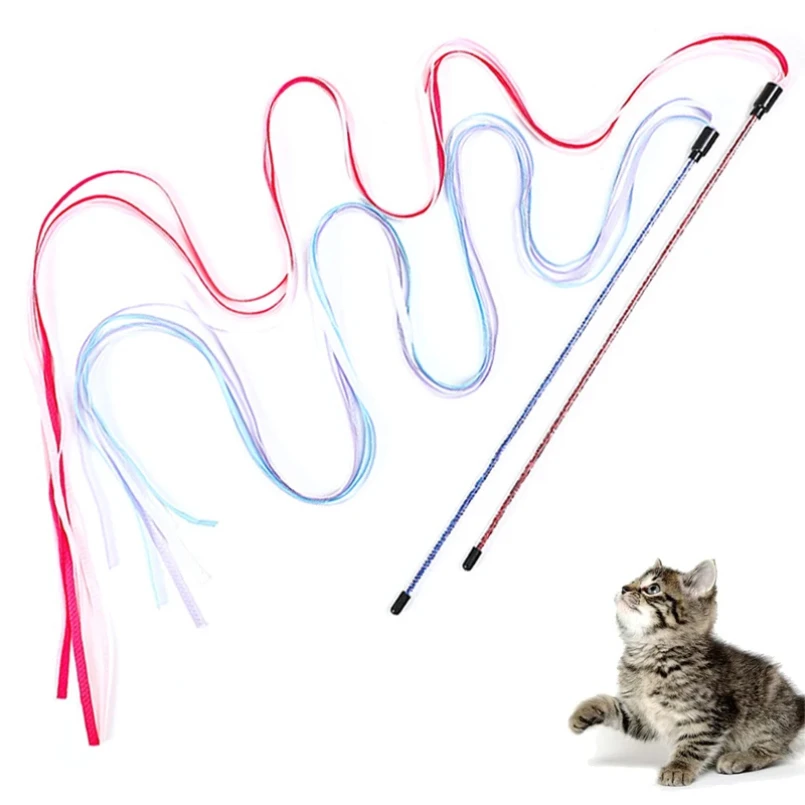 

Interactive Cats Toys Long Satin Ribbon Cat Teaser Rod Toy Kitten Playing Teaser Wand Toy Cat Stick Toy