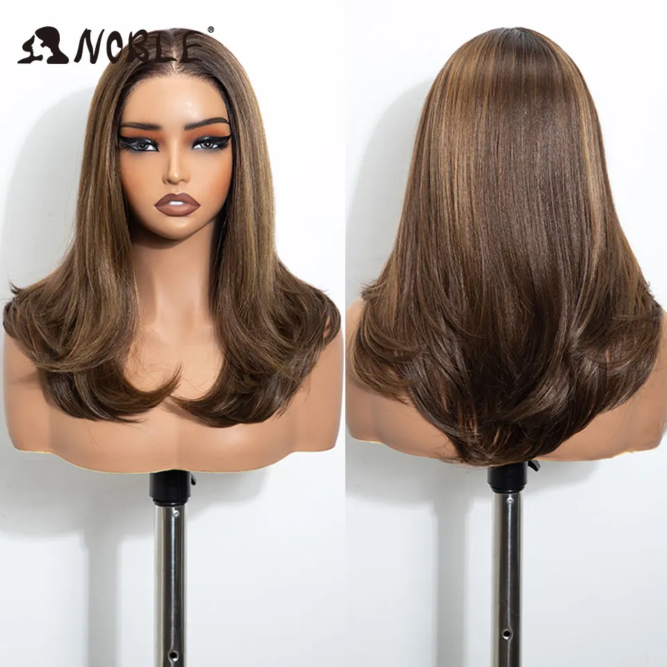 Noble 16-Zoll-Bob-Synthetikperücke mit Lace-Front, 13x3, vorgezupft, freier Scheitel, Ombre Braun-Blond, hitzebeständige Cosplay-Perücke für Damen – Detail 4