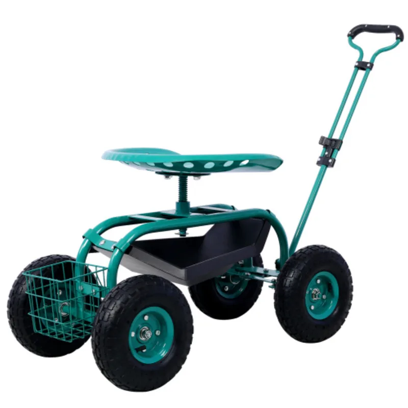 

Adjustable Garden Rolling Work Seat with Tool Tray & Basket Heavy - Duty Teal Gardening Scooter Cart for Planting & Weeding