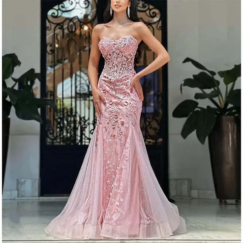 

Pink Mermaid Prom Dresses Strapless Appliques Sequins Beaded Floor Length 3D Lace Flowers Ruffles Evening Dress Bridal Gowns