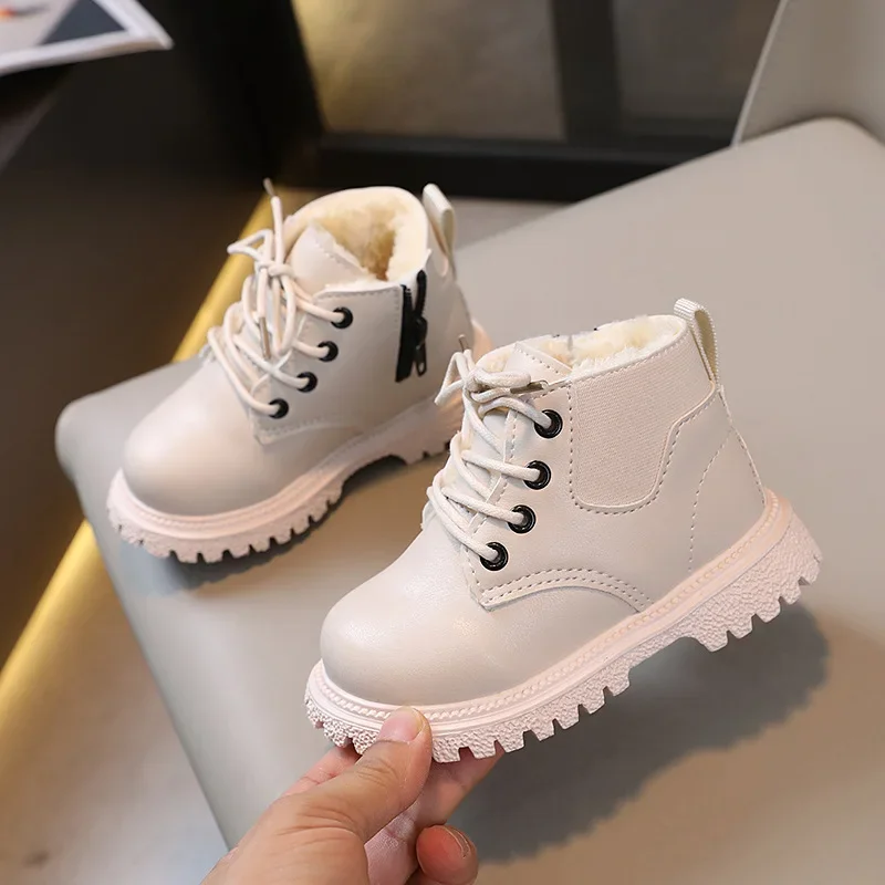 

Детские зимние детские хлопковые ботинки на мягкой подошве с боковыми молниями, модные флисовые ботинки для девочек в британском стиле, зимние сапоги для мальчиков со шнуровкой спереди