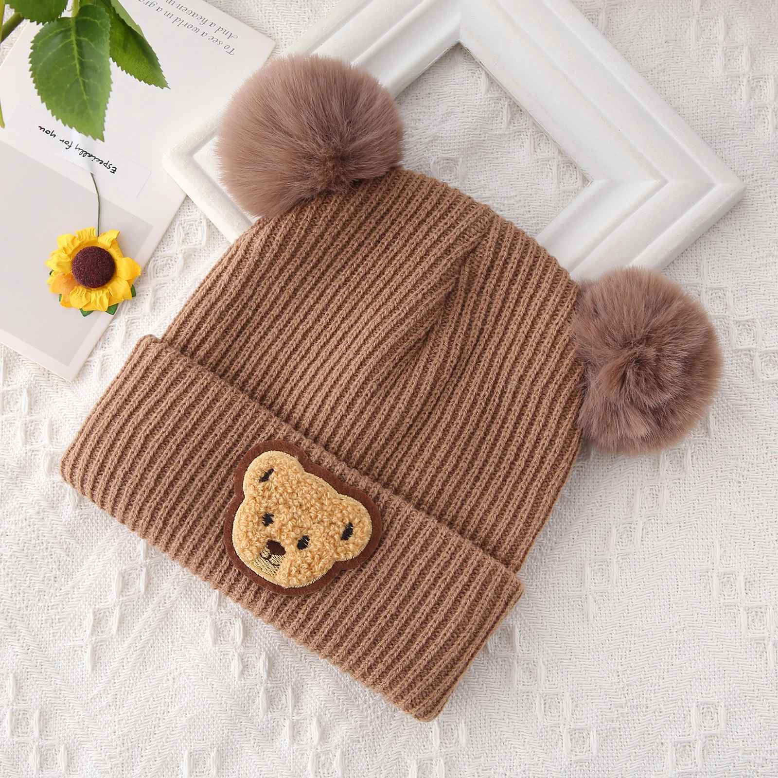 Baby Winter Hat Cute Bear Pattern Knit Beanie Warm Cap for Infant Newborn Cold Weather Accessories