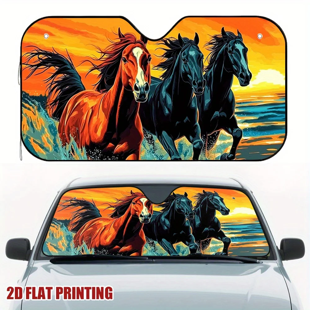 1pc Galloping Sunset Stallions Car Sun Visor - Vibrant Horse Silhouette Design, Reduces Sunlight Intensity & Keeps Car Interior