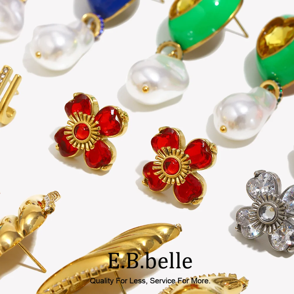 E.B.belle Minimalist Style Rhinestone Round Earring Stainless Steel 18k Gold Plated Easy Matching Women Jewelry Hypoallergenic