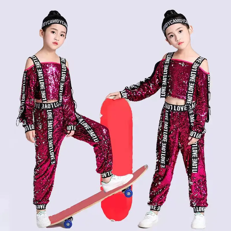 JinYing New Sequins Children Perform Jazz Dance Costumes Dance Girls Jazz Strapless Long Sleeve Hiphop Clothing Hip-Hop Dance