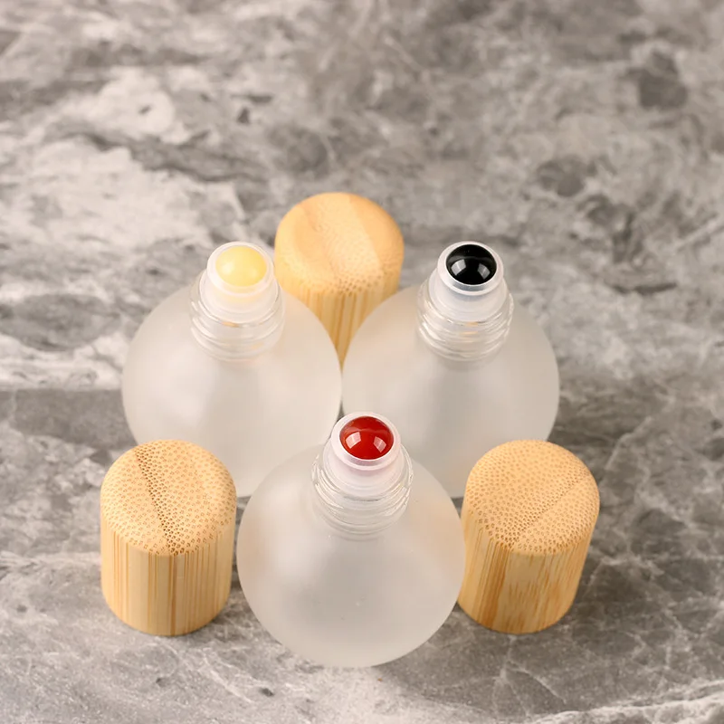 50pcs Frosted Bottle With Roll On Perfume Glass Bottle 20ml Empty Essential Oil Bottle With Bamboo Cap