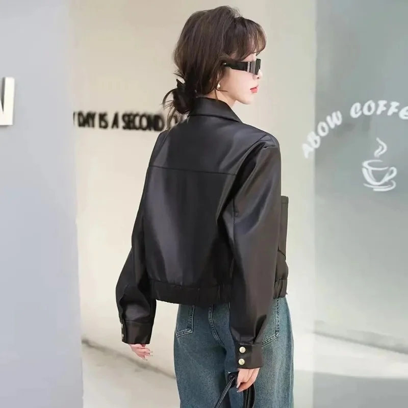 레트로 여성 롱 슬리브 가죽 재킷 2025 여성 숏 PU 가죽 탑 코트 봄 가을 여성 패션 인조 가죽 아우터