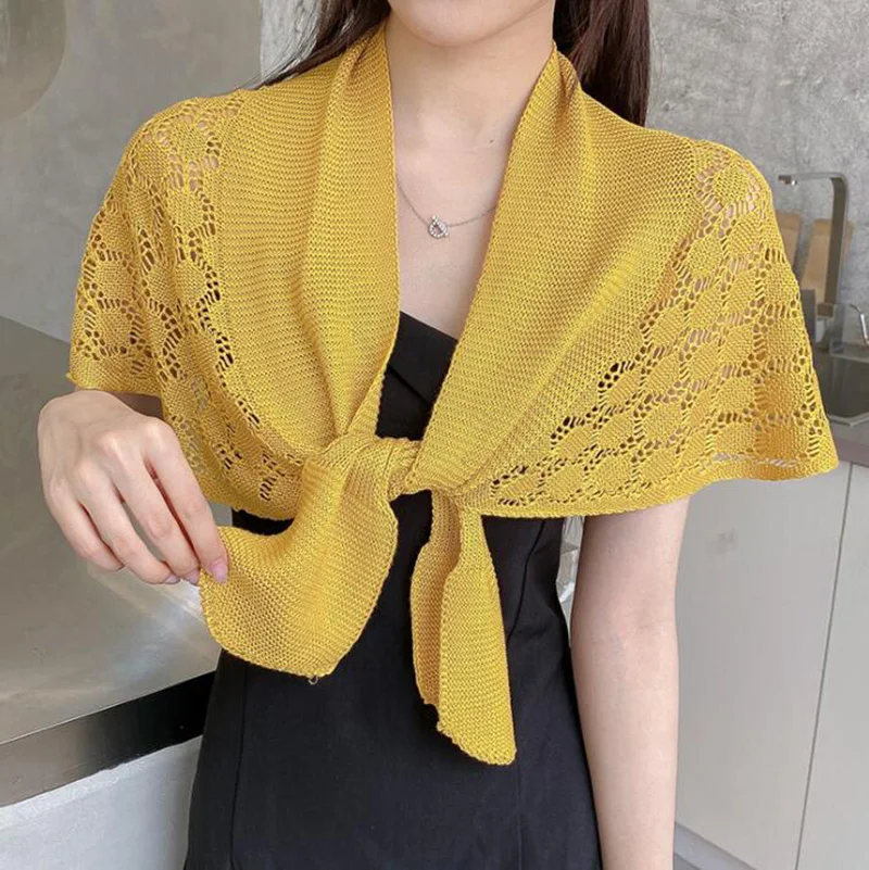 Korean Solid Honeycomb Crochet Lace Hollow Knit sunscreen Shawl Summer Air Conditioned Neck Protect Cross Cloak Women Scarf Q54