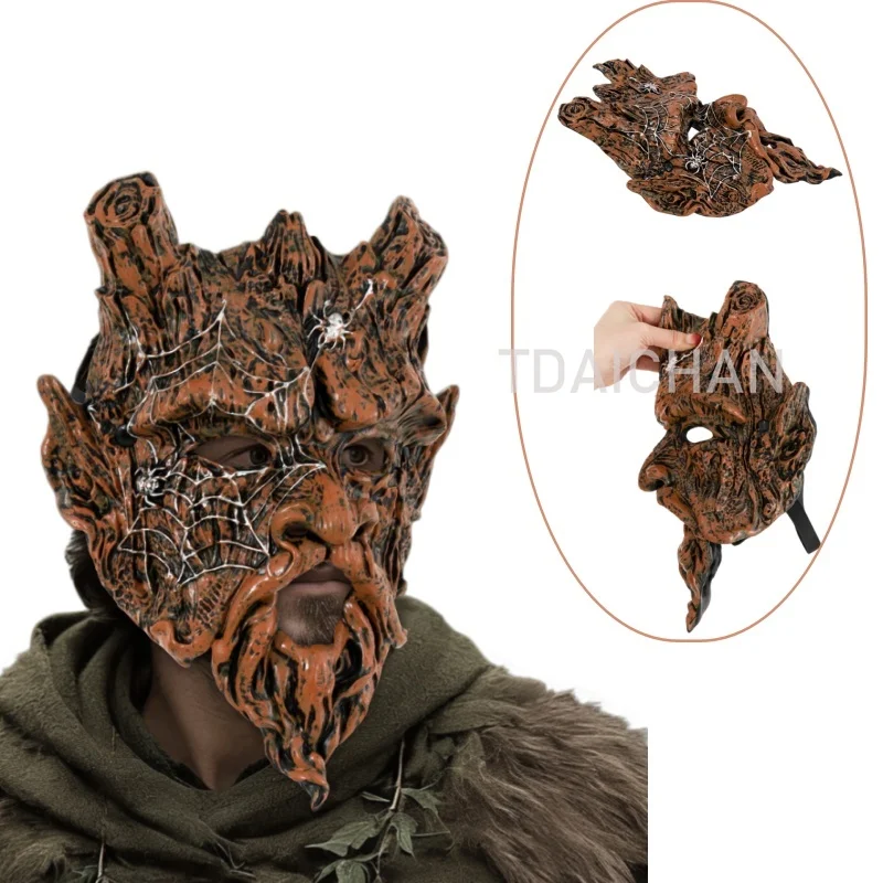 Masque d'Halloween 2026 en écorce d'arbre, effrayant, pour déguisement de vieil homme ou esprit forestier, texture grain de bois, toile d'araignée, pour cosplay, mascarade et soirées d'horreur