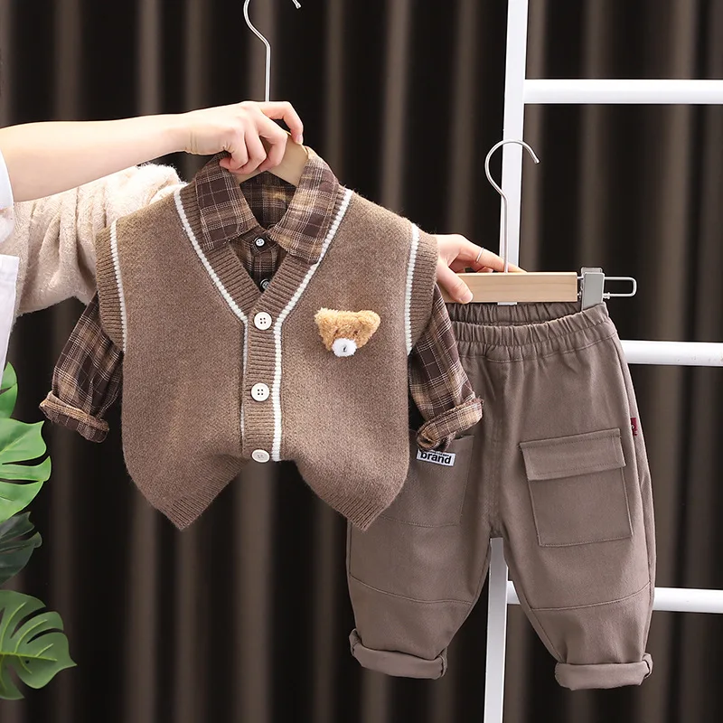 2023 Spring Autumn 3PCS Boys Clothing Set Baby Boys Sweater Vest Long-sleeve Shirts Cargo Pants Clothes Set Infant Children Suit