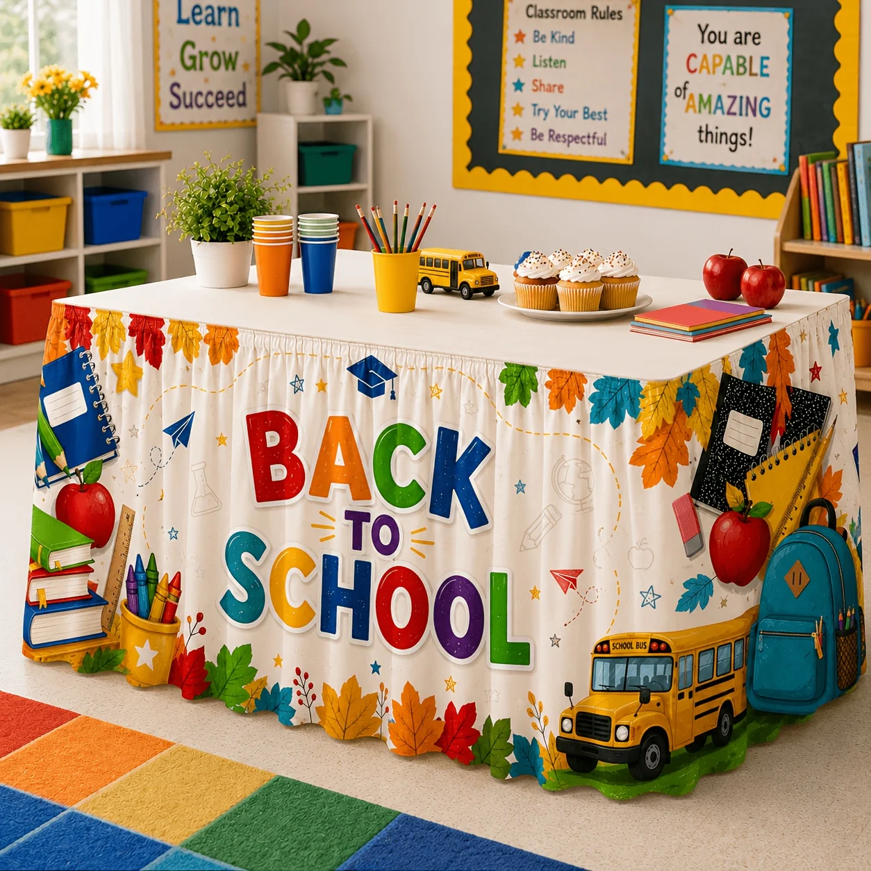 Send a tablecloth, 1 piece, Ba to School Bus Table Skirt, with a colorful theme of school return.zyc