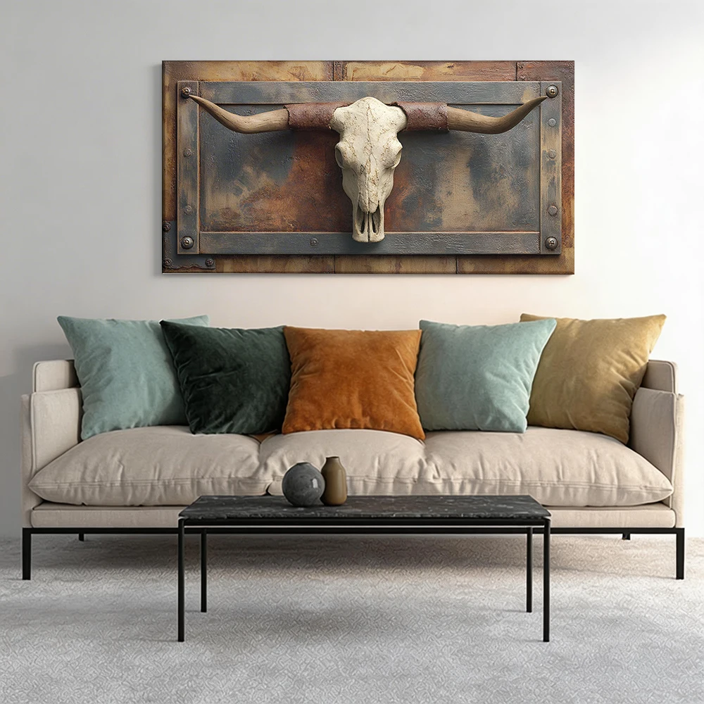 

Large-sized solid wood frame canvas painting 1pc Bull skull on rustic plate.