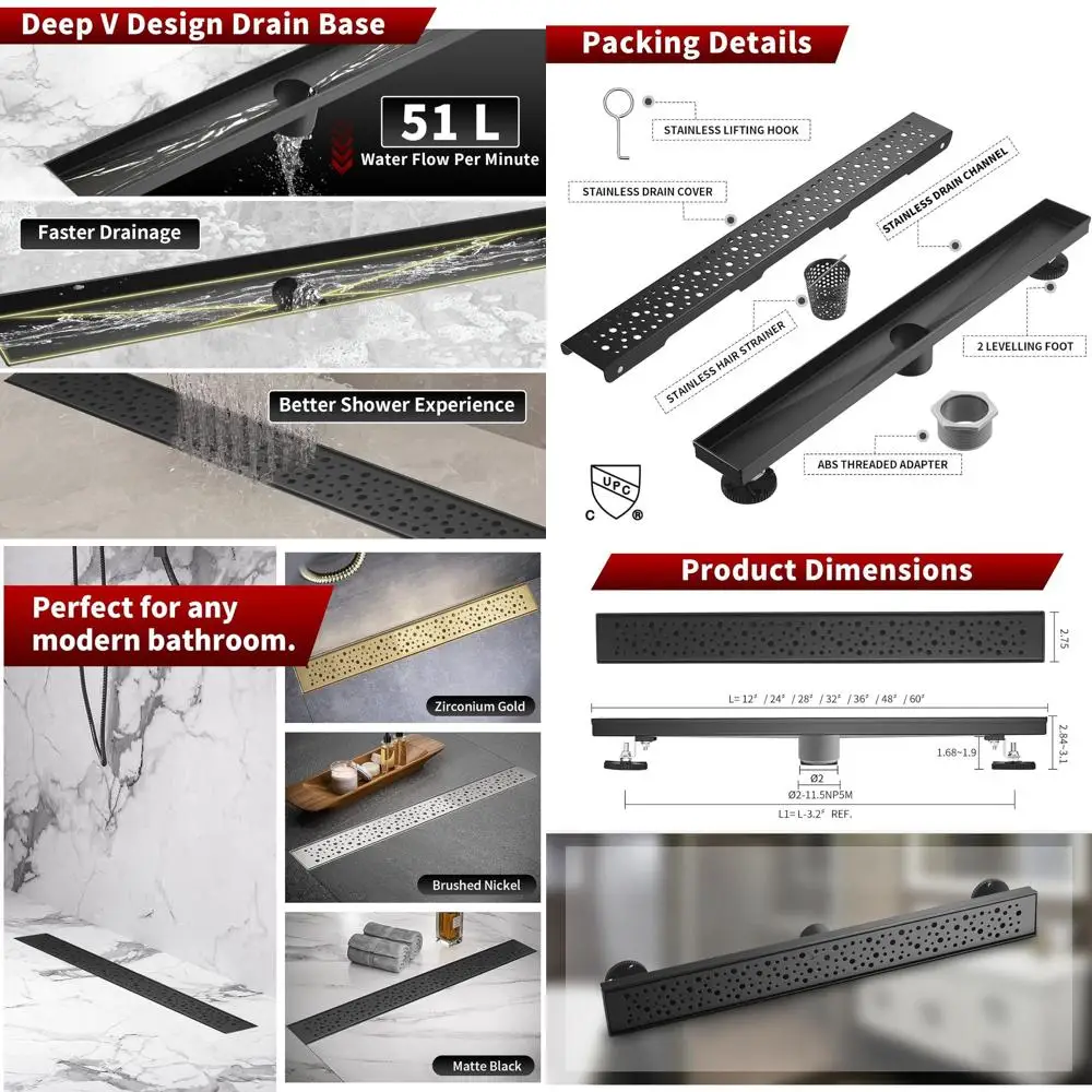 

Black 36 Rectangular Shower Drain, V-Shape, 304 Stainless Steel, cUPC Certified, for Bathroom Showers (Base Not Included)