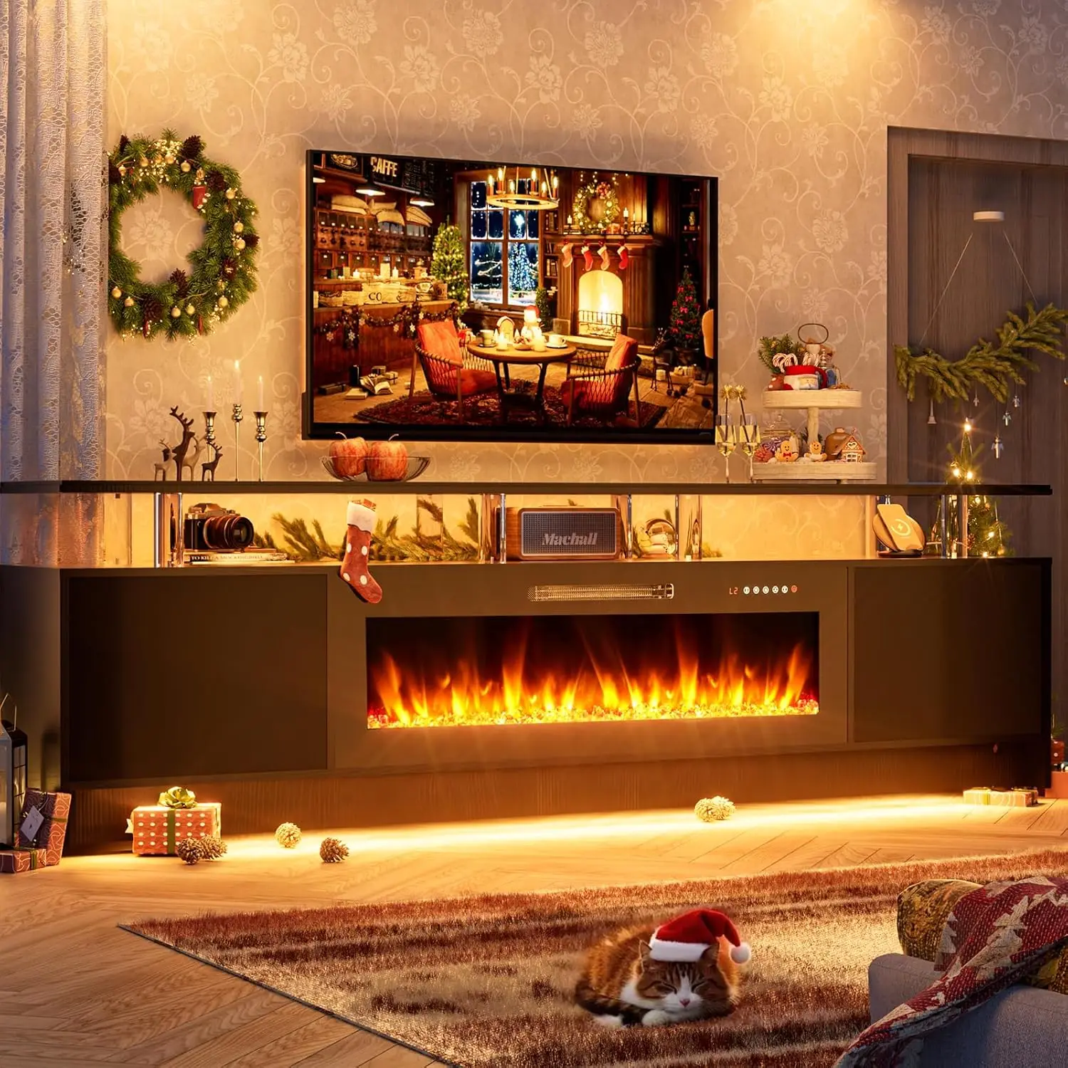 #90'' TV Stand With LED Fireplace & 2-Tier Storage, Media Console For Living Room, 80 Inch, Customized