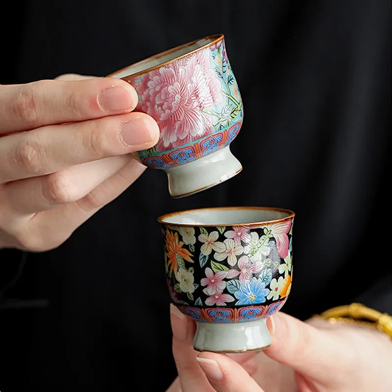 

1 Pc Chinese Handmade Flowers Ceramic Tea Cup Vintage Ru Kiln Teacup Travel Personal Tea Bowl Master Cup Household Tea Set 30ml